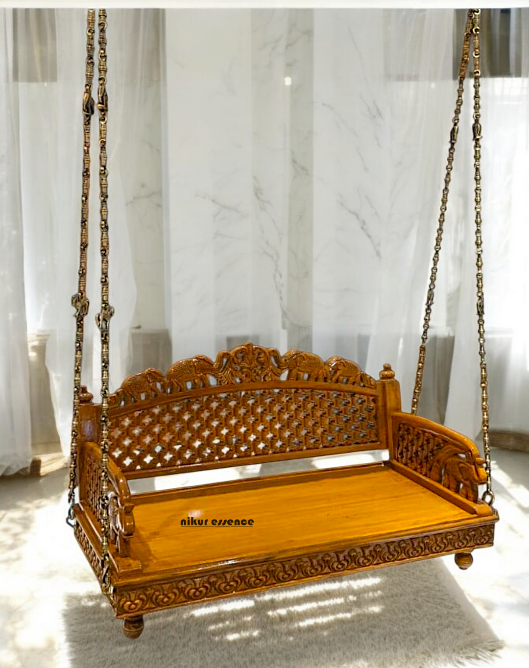 Handcrafted Teakwood Jhula – 4ft Traditional Wooden Swing with 7 feet Brass Chains with Elephant & Peacock Motifs-Nikur Essence