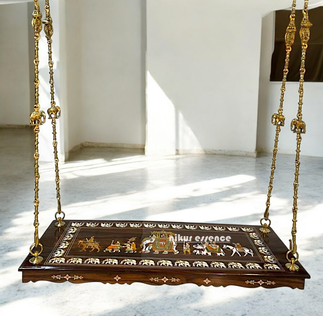 Handcrafted Rosewood Jhoola/oonjal – 5ft Traditional Wooden Swing with 7ft Brass Chains| Nikur Essence