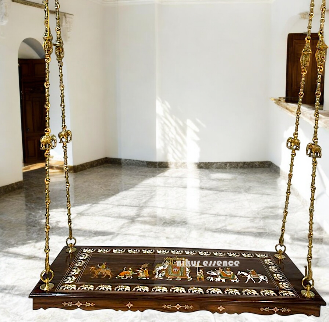 Handcrafted Rosewood Jhoola/oonjal – 5ft Traditional Wooden Swing with 7ft Brass Chains| Nikur Essence