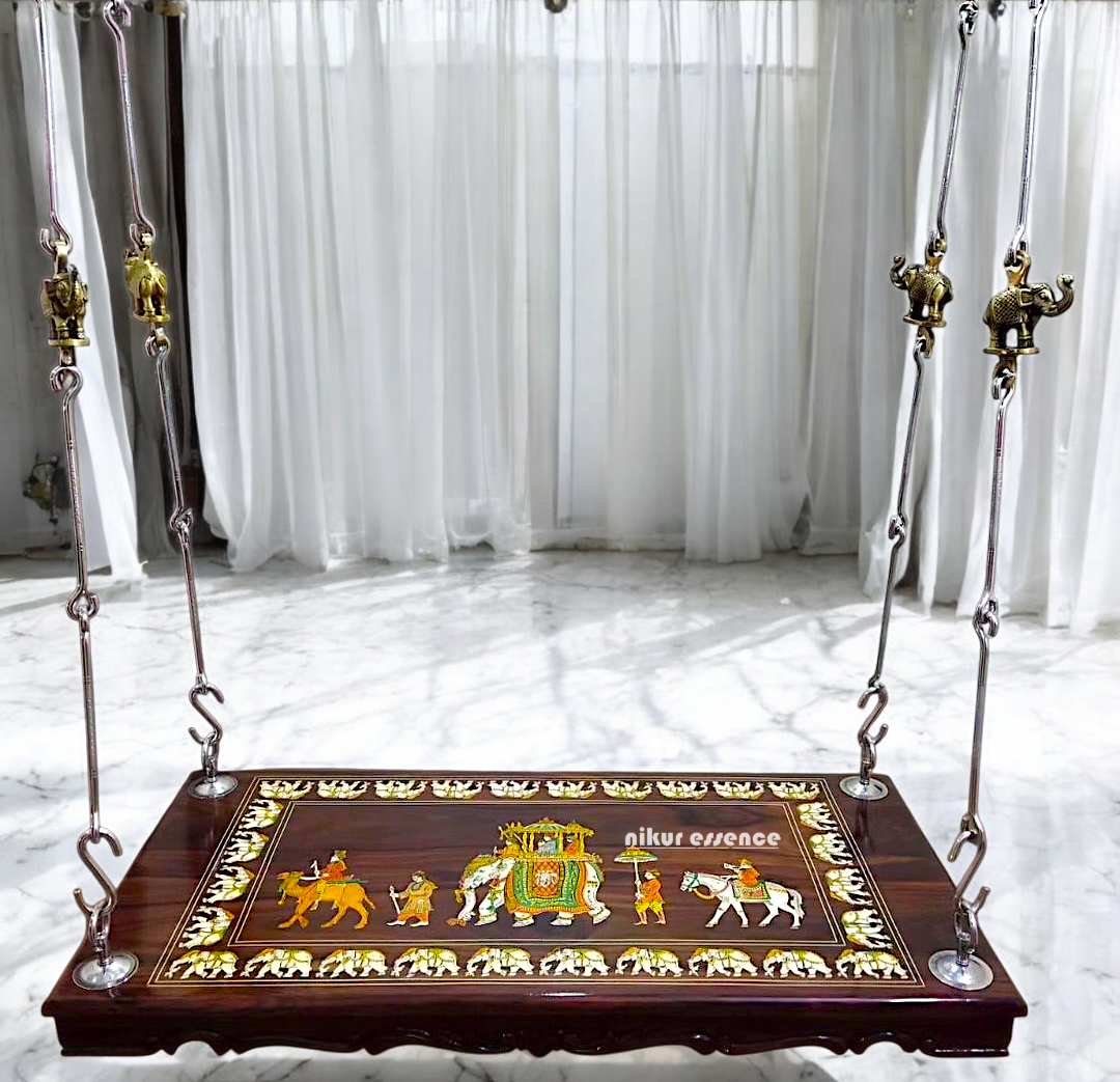 Handcrafted Rosewood Jhoola – 5ft Traditional Wooden Swing with 7ft Brass Chains & Royal Procession Inlay | Now Available in the USA, UK & Australia