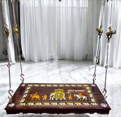 Handcrafted Rosewood Jhoola – 5ft Traditional Wooden Swing with 7ft Brass Chains & Royal Procession Inlay | Now Available in the USA, UK & Australia