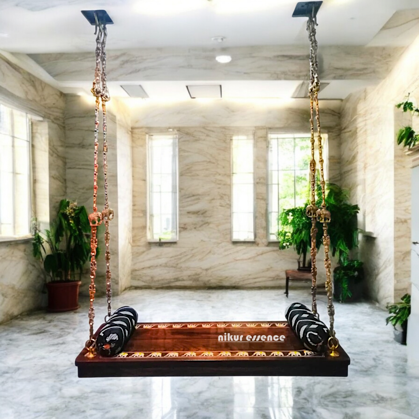 Indian Rosewood Oonjal (Jhula/Swing) – 5ft Traditional Wooden Swing with 7ft Brass Chains & Elegant Inlay Work | Available Worldwide