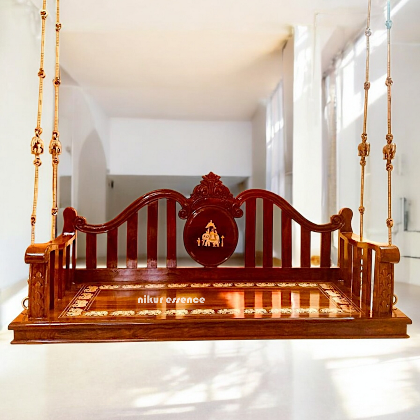 Indian Handcrafted Rosewood Oonjal (Jhula/Swing) – 5ft Traditional Wooden Swing with 7ft Brass Chains | Available Worldwide-Nikur Essence