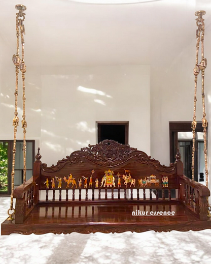 Handcrafted Rosewood Oonjal (Jhula/Swing) – 5ft Traditional Wooden Swing with 7ft Brass Chains & Royal Procession Inlay | Available Worldwide – USA, Canada, Europe, Asia, Oceania, Africa & South America