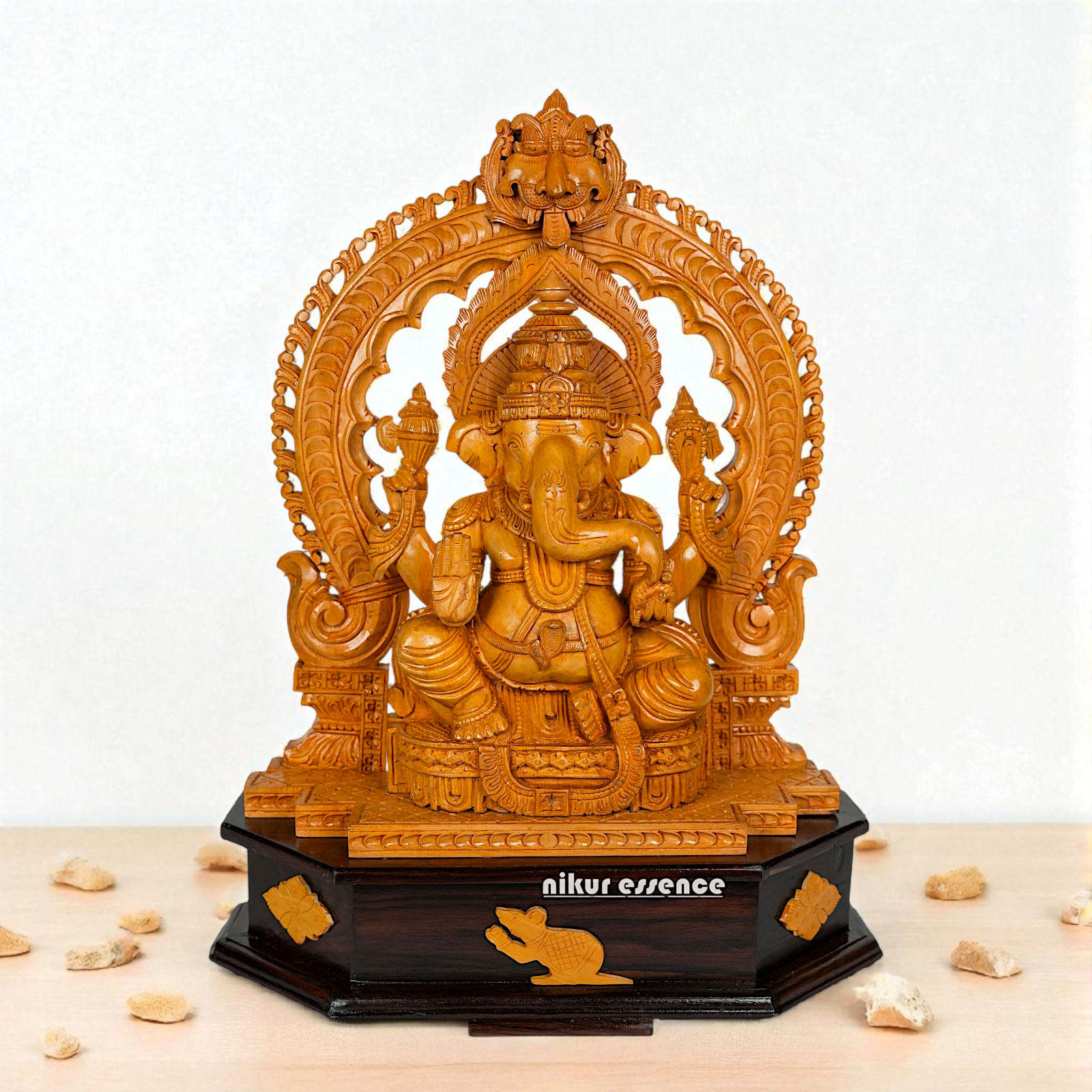 Wooden Handcrafted Lord Ganesha Statue with Rosewood Base | Nikur Essence Nikuressence