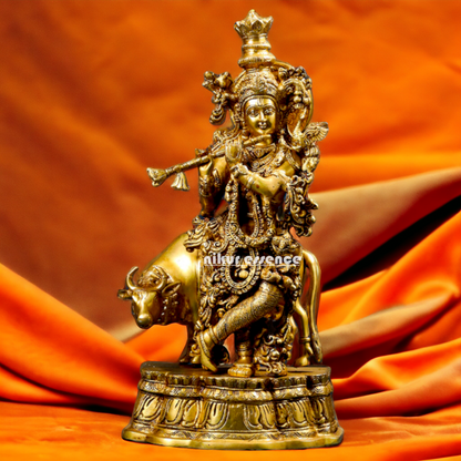 Lord Krishna Gopal standing with cow Brass idol - 23 inches