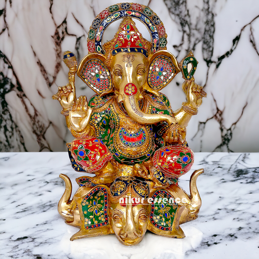 Brass Ganesha Sitting with Stone Work statue - 17 inches