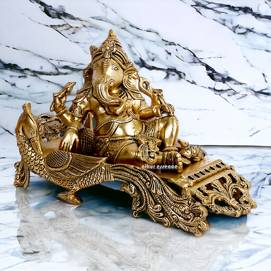 Solid Brass Ganesha Resting on Peacock statue - 11.5 inches