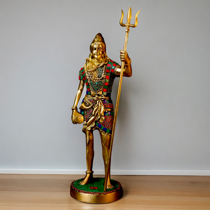 Large Shiva Mahadev ji standing brass with Stone Work statue - 19.5 inches