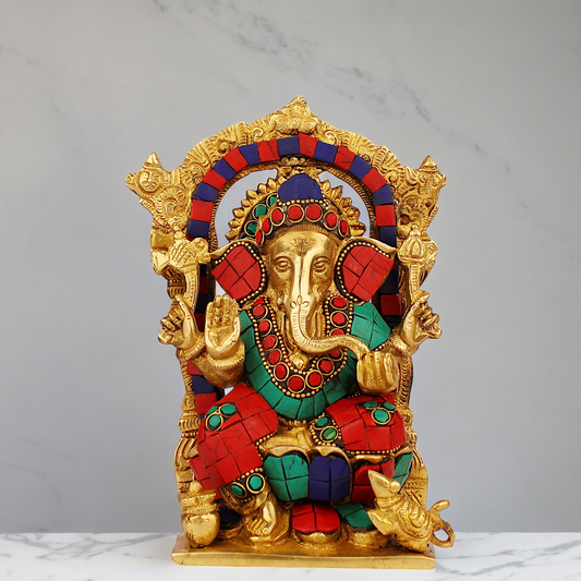 Shop Ganesha Ganpati with Blessing Brass Stone Work idol - 7.5 inches