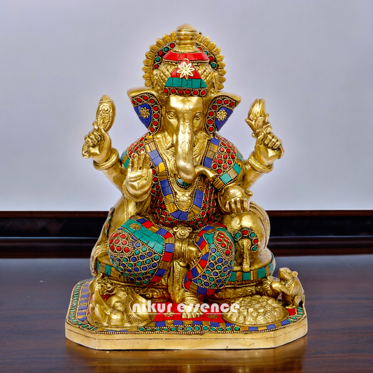 Brass Ganesh Vinayaka Murti with stone work idol - 13 inches