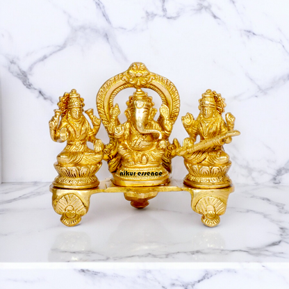 Goddess Lakshmi Ganesh Saraswati Sitting Solid brass idol - 6.5 inches