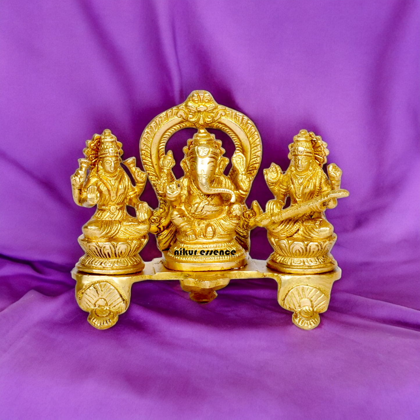 Goddess Lakshmi Ganesh Saraswati Sitting Solid brass idol - 6.5 inches