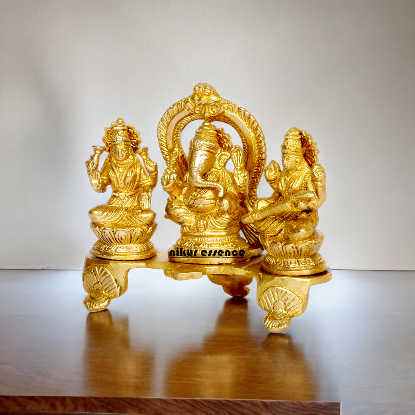 Goddess Lakshmi Ganesh Saraswati Sitting Solid brass idol - 6.5 inches