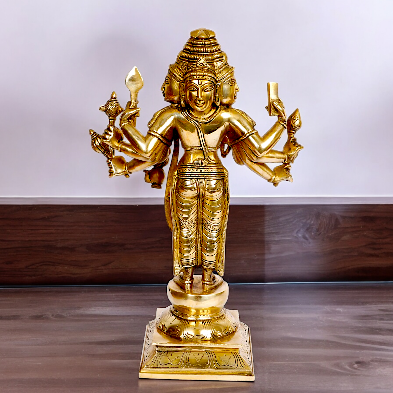 Lord Trimurti Brahma with four Face head Solid Brass idol - 15 inches