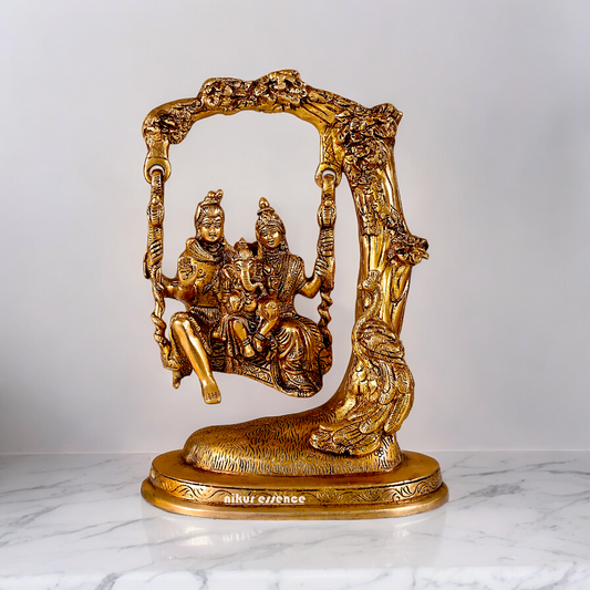 Solid Brass Shiva Parvati and Ganesh Family Sitting on Swing Jhula idol - 9.50 inches