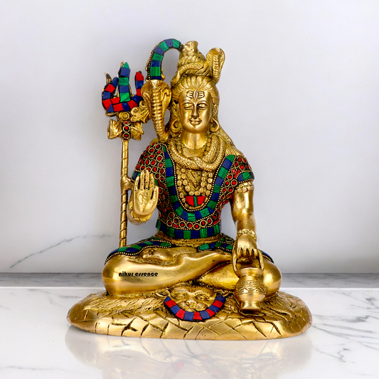 Lord Shankar Shiva sitting with Blessing Brass Stone work idol - 10 inches