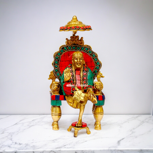 Online Sai Baba Sitting with Blessing Brass Stone Work Idol - 8 inch