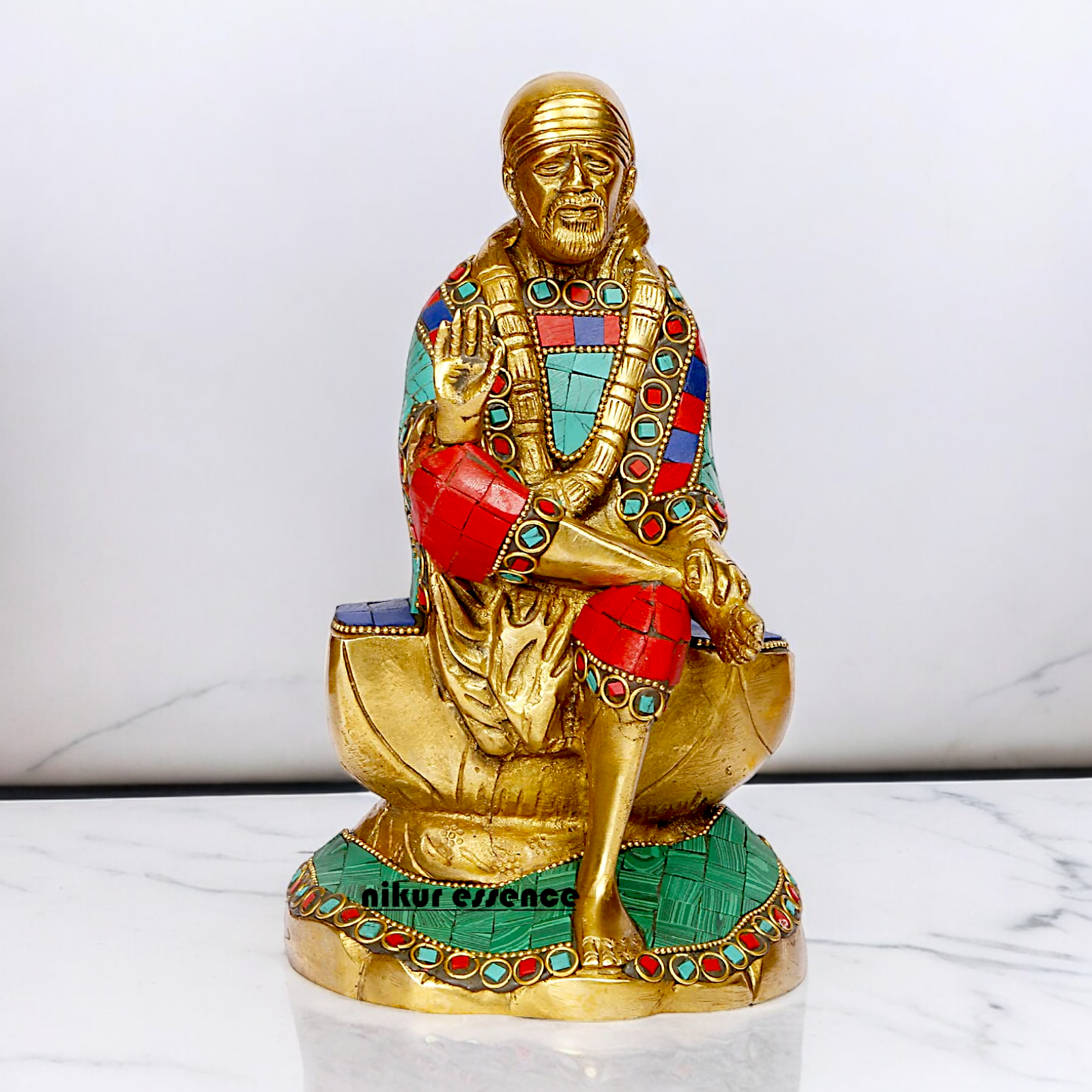 Shop Sai Baba with Blessing Brass Idol Stone work - 8 inch