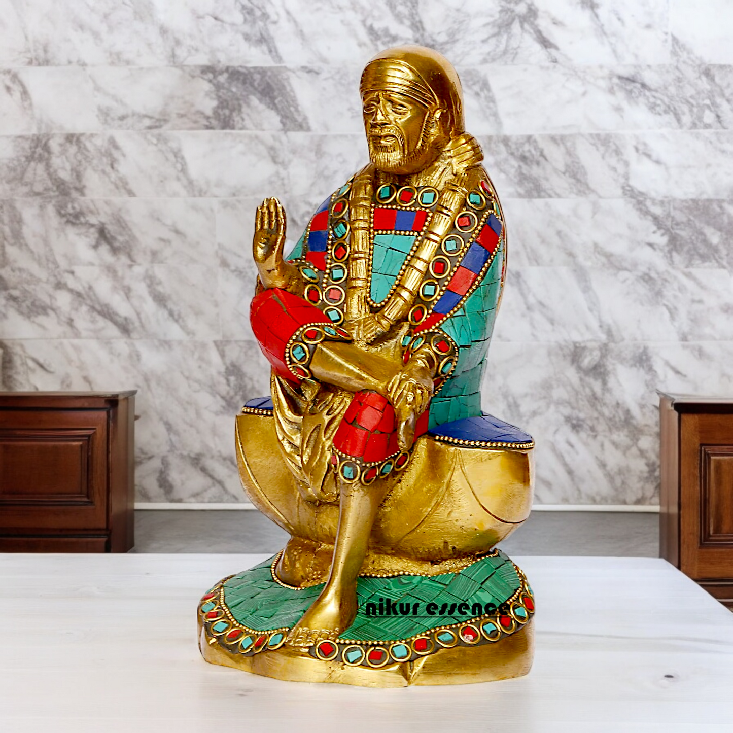 Shop Sai Baba with Blessing Brass Idol Stone work - 8 inch