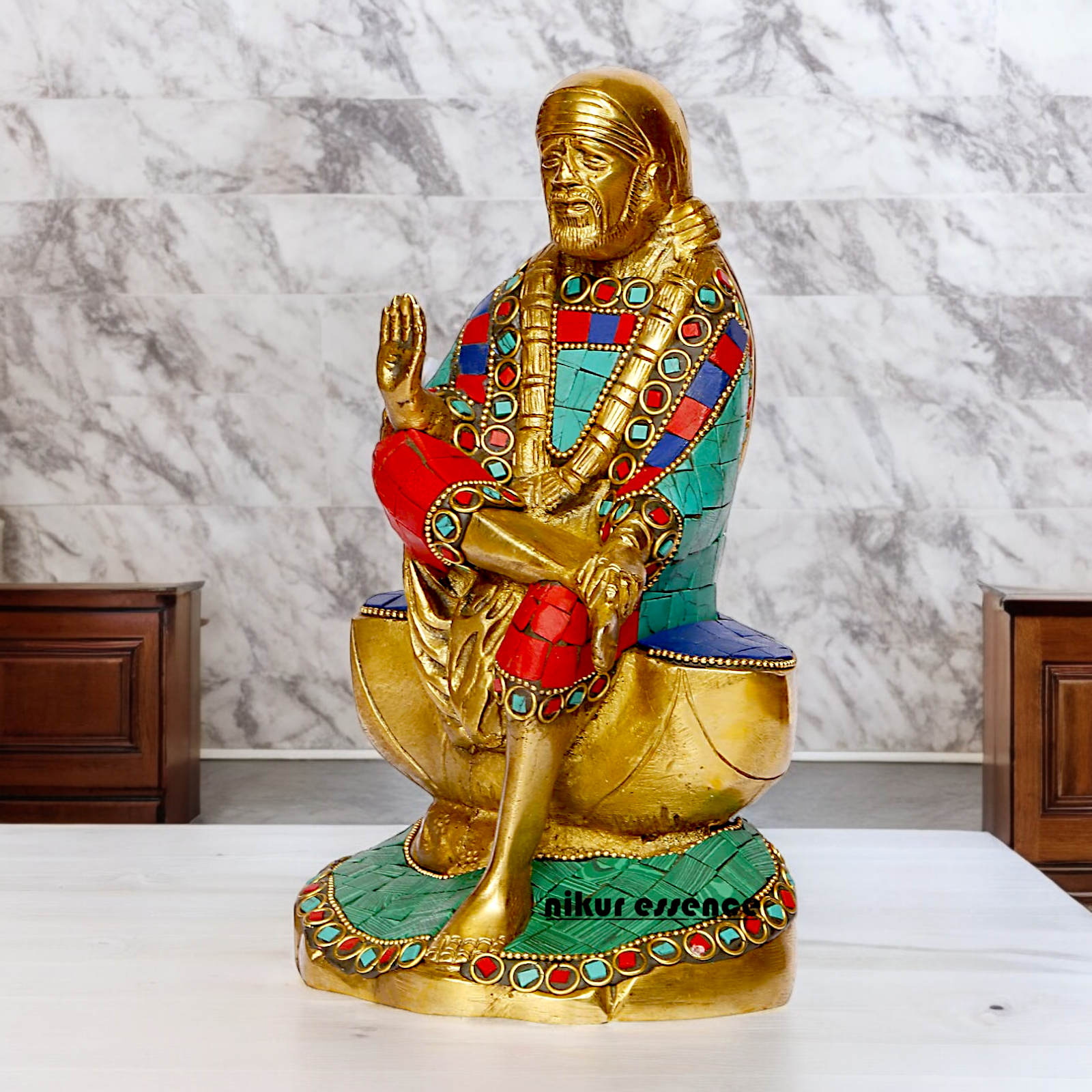 Shop Sai Baba with Blessing Brass Idol Stone work - 8 inch