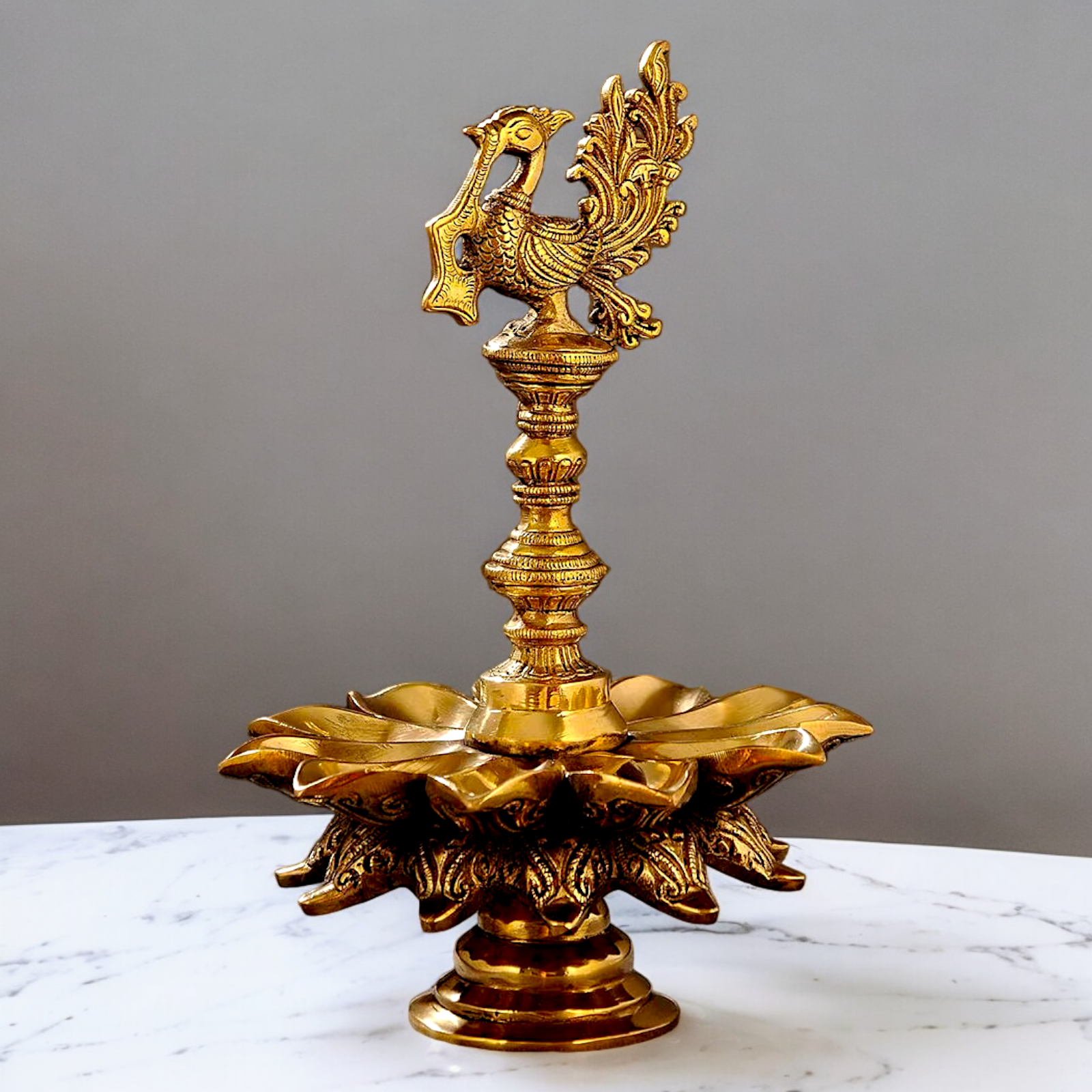 Big Peacock Diya Oil Lamp solid brass - 12 inches