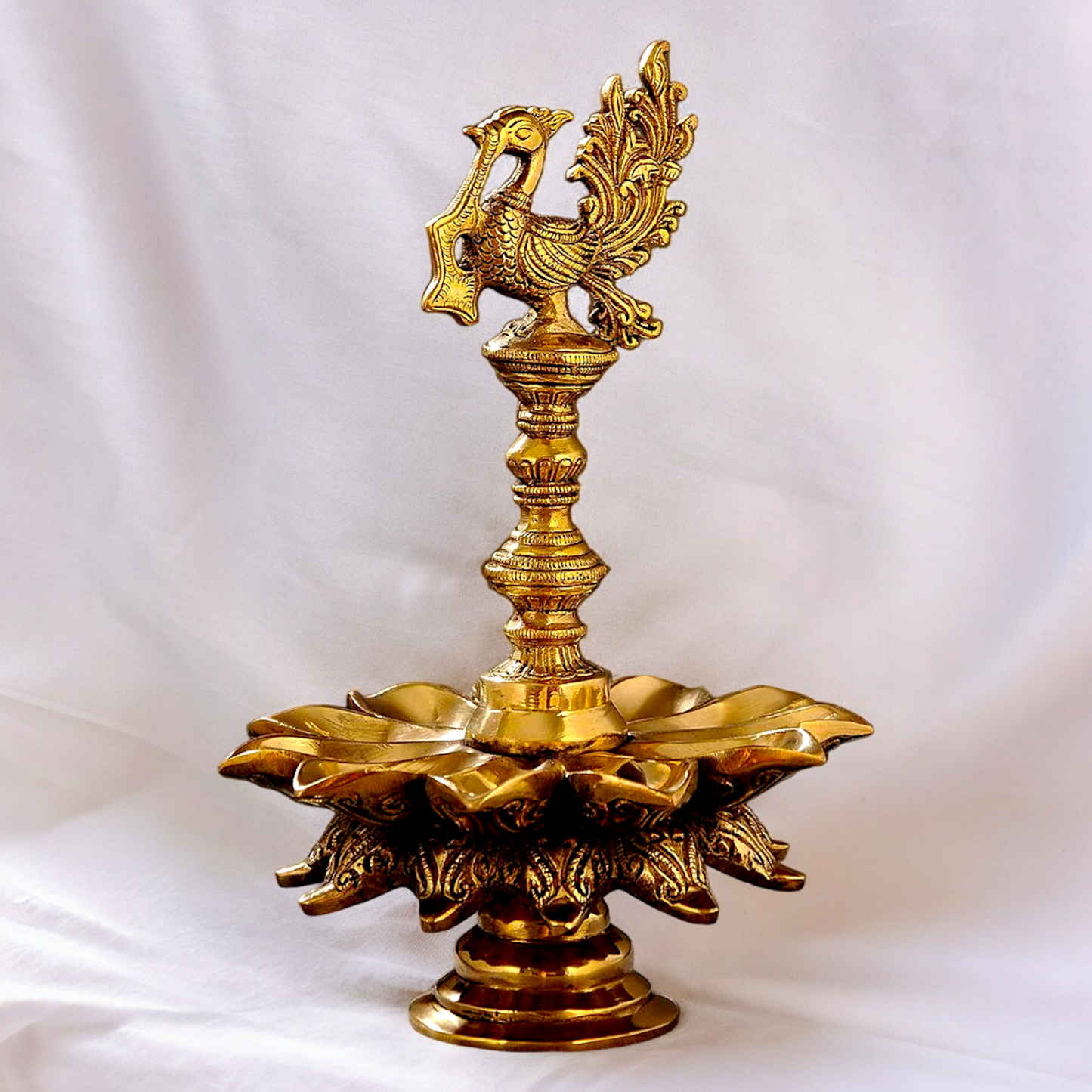 Big Peacock Diya Oil Lamp solid brass - 12 inches