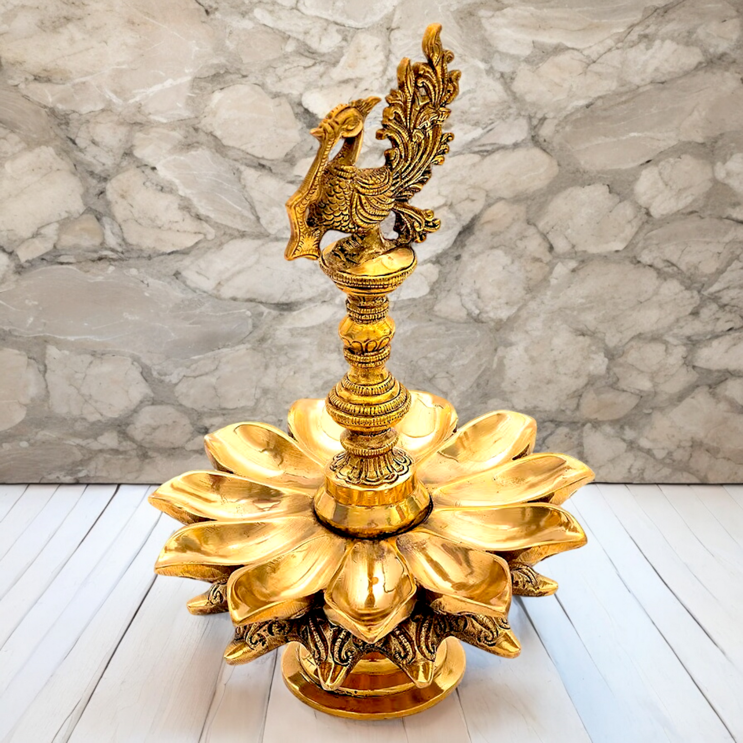 Big Peacock Diya Oil Lamp solid brass - 12 inches