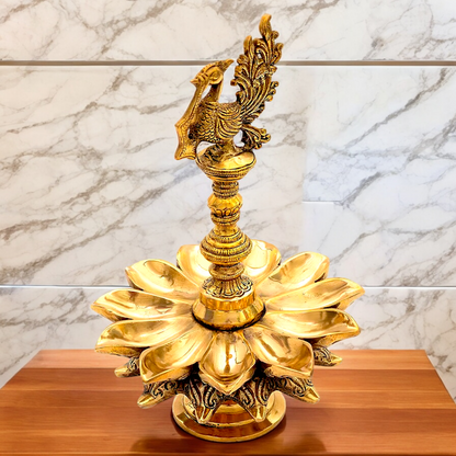 Big Peacock Diya Oil Lamp solid brass - 12 inches