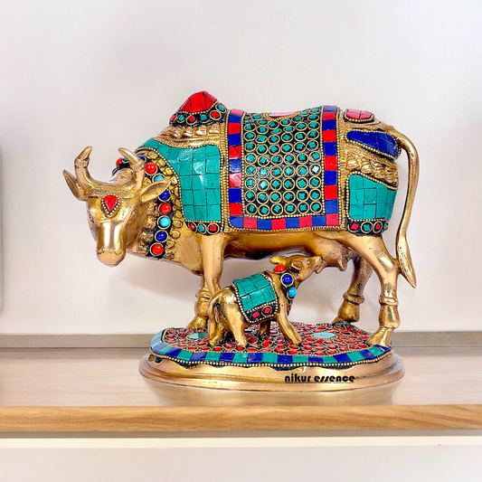 Large Cow with Calf Brass with Stone Work Idol - 7.5 inches