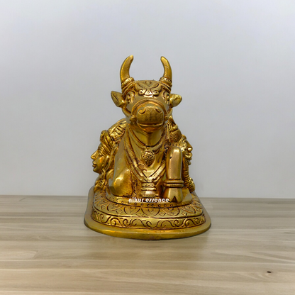 Solid Brass Nandi with Shiva Parvati figurine idol - 7.2 inches