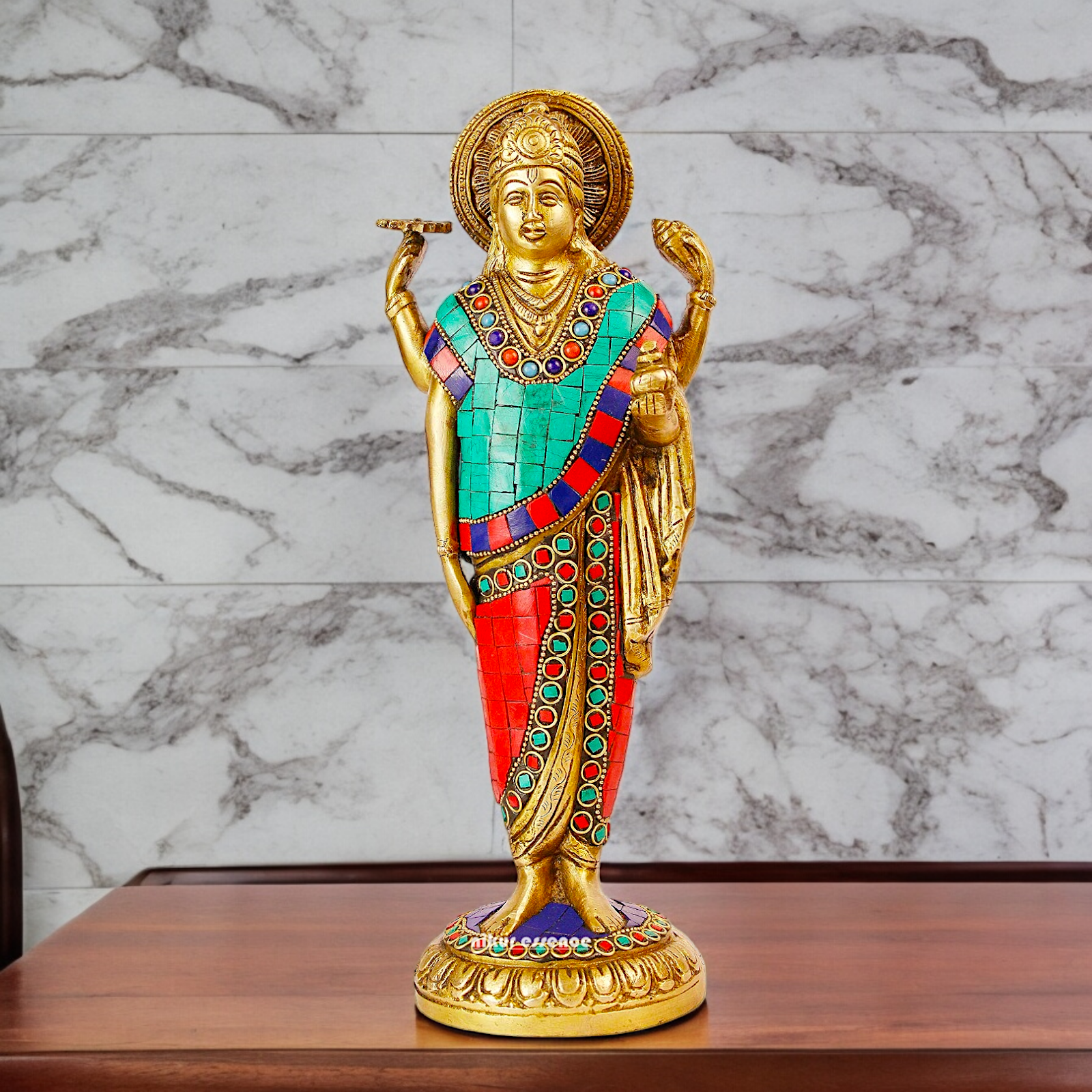 Lord Dhanavantari Standing Brass Idol with Stone Work - 12 inches