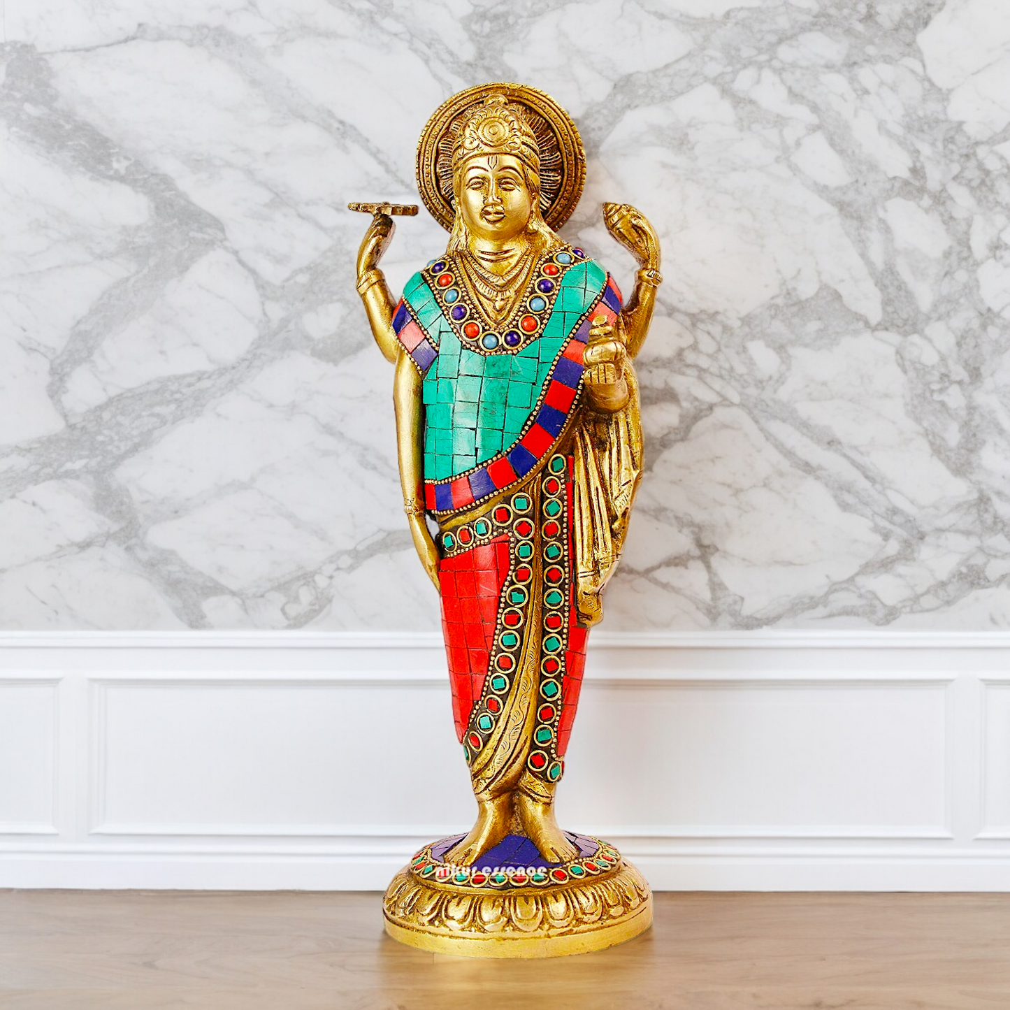 Lord Dhanavantari Standing Brass Idol with Stone Work - 12 inches