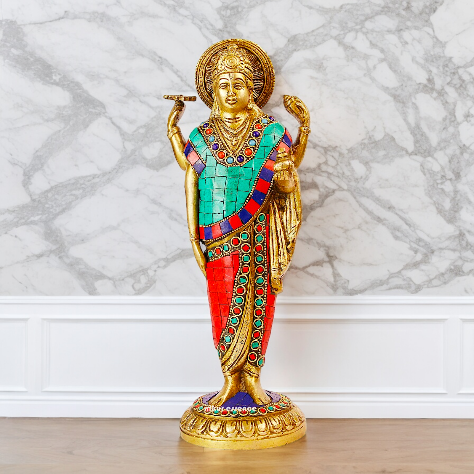 Lord Dhanavantari Standing Brass Idol with Stone Work - 12 inches