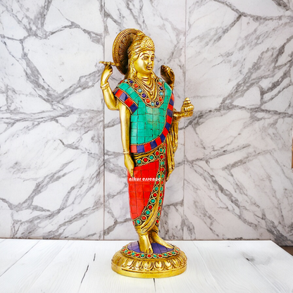 Lord Dhanavantari Standing Brass Idol with Stone Work - 12 inches