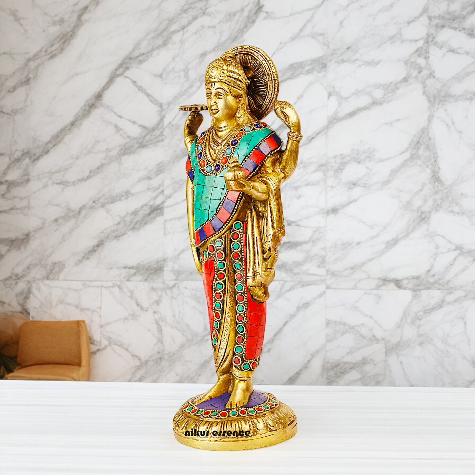 Lord Dhanavantari Standing Brass Idol with Stone Work - 12 inches