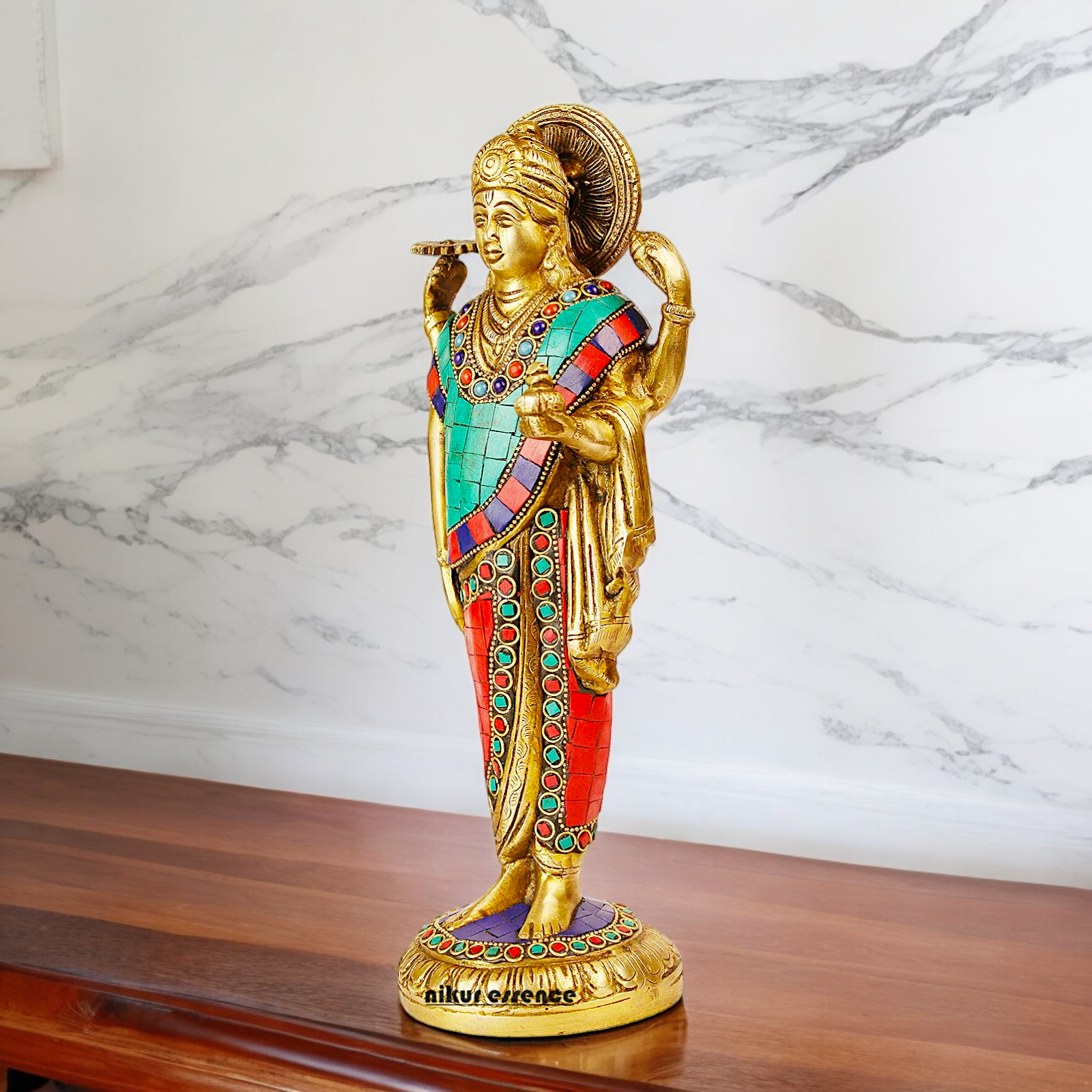 Lord Dhanavantari Standing Brass Idol with Stone Work - 12 inches