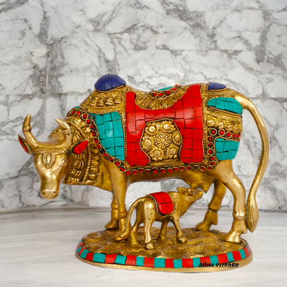 Large Cow with Calf Brass Idol with Stone Work - 8 Inches