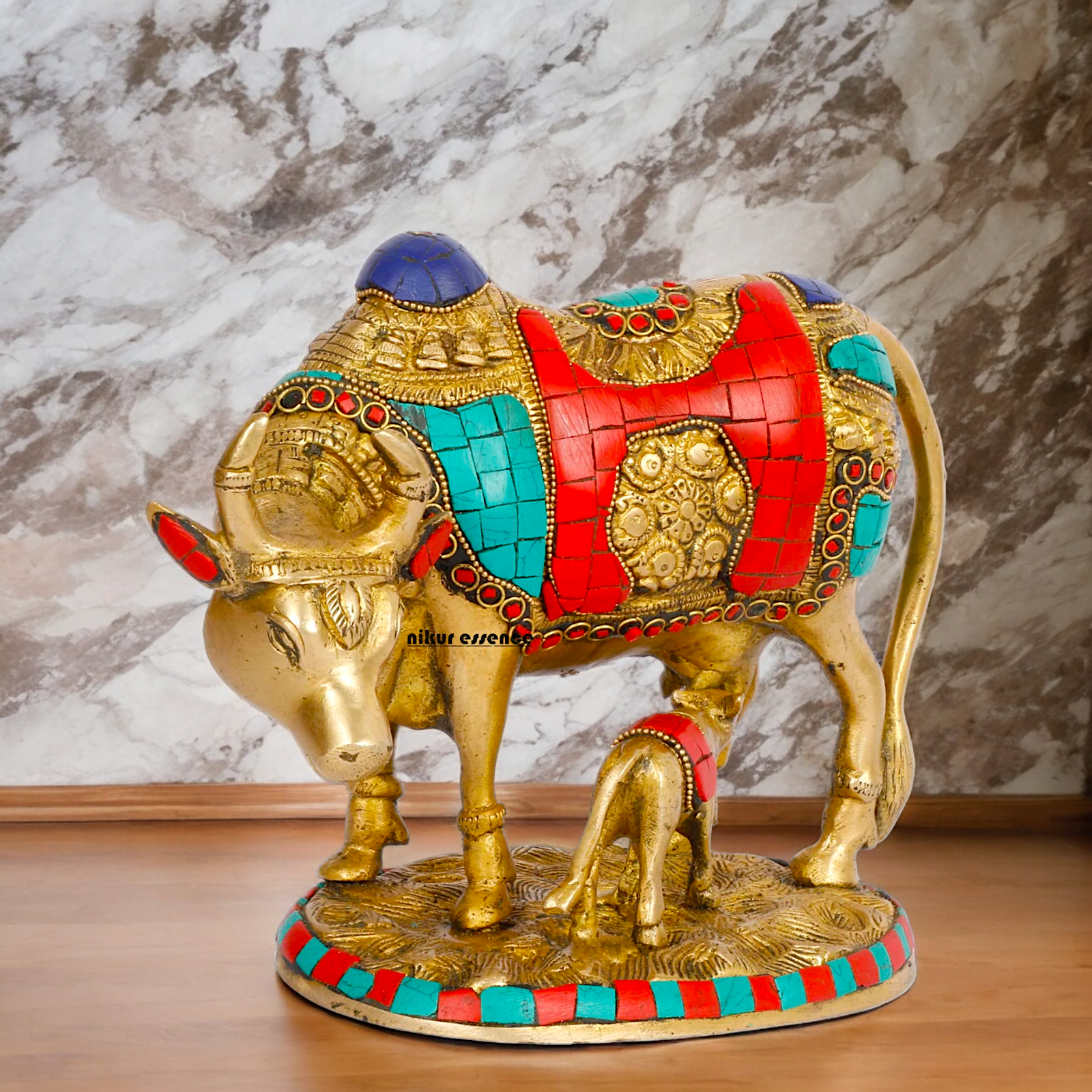 Large Cow with Calf Brass Idol with Stone Work - 8 Inches