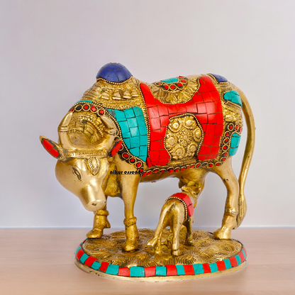 Large Cow with Calf Brass Idol with Stone Work - 8 Inches