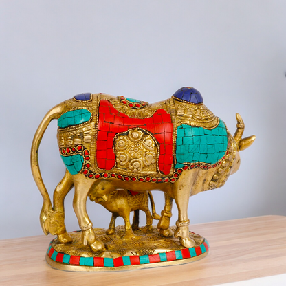 Large Cow with Calf Brass Idol with Stone Work - 8 Inches