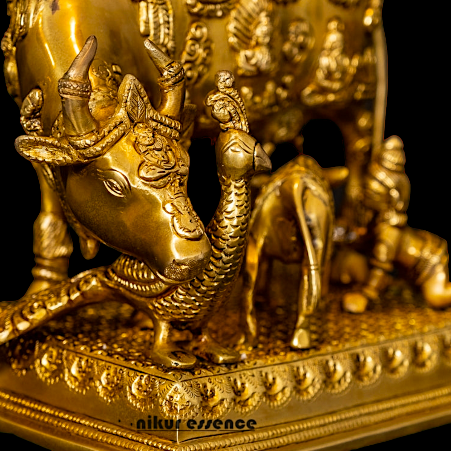 Goddess Kamadhenu with Calf Peacock Solid Brass Idol - 9.5 inches