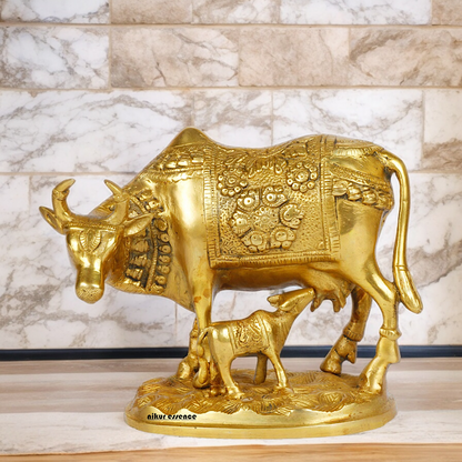 Solid Brass Cow with Calf Idol - 8 Inches