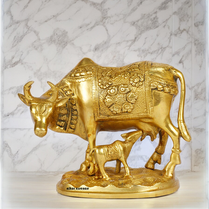 Solid Brass Cow with Calf Idol - 8 Inches