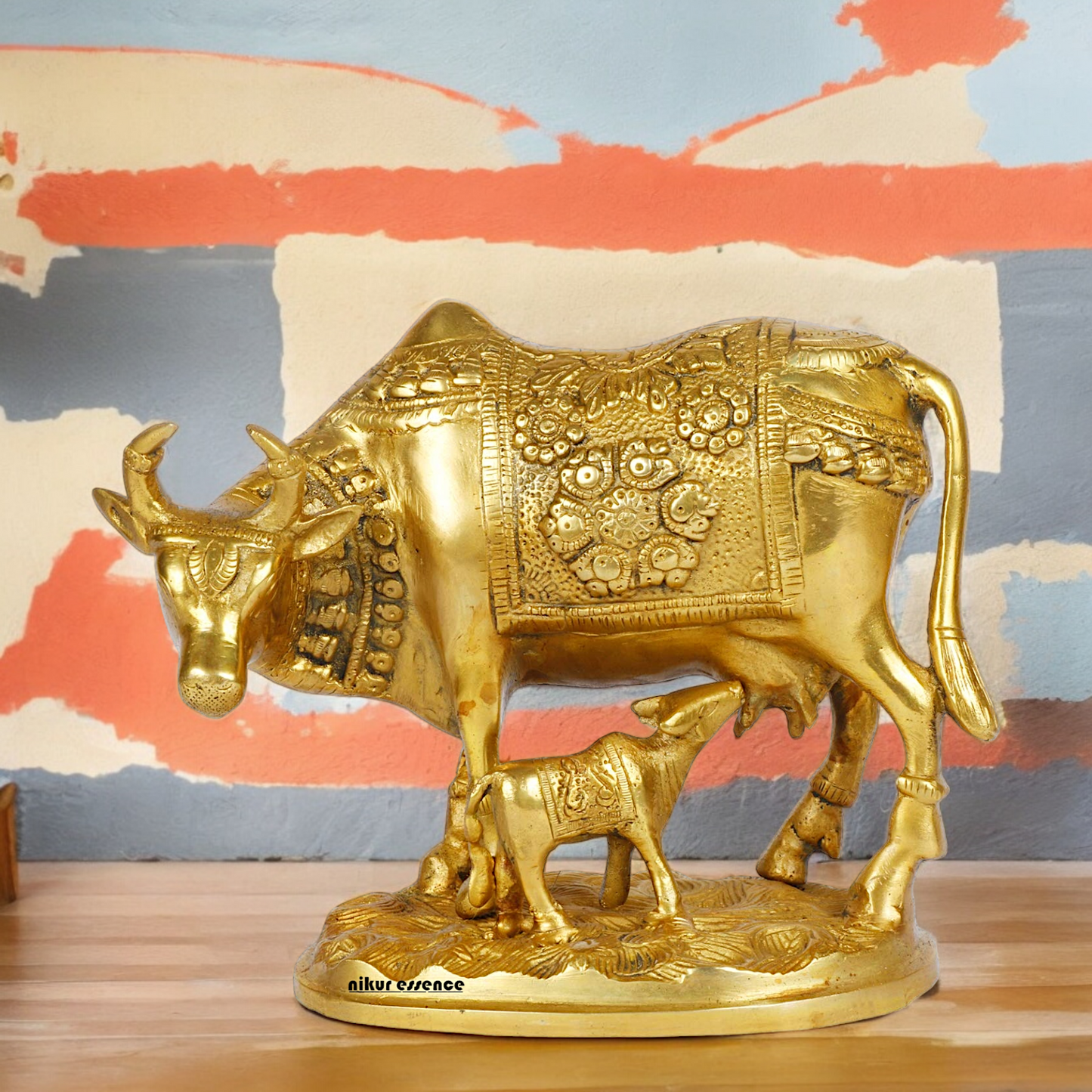 Solid Brass Cow with Calf Idol - 8 Inches