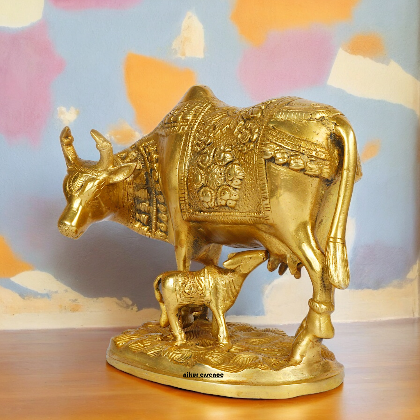 Solid Brass Cow with Calf Idol - 8 Inches