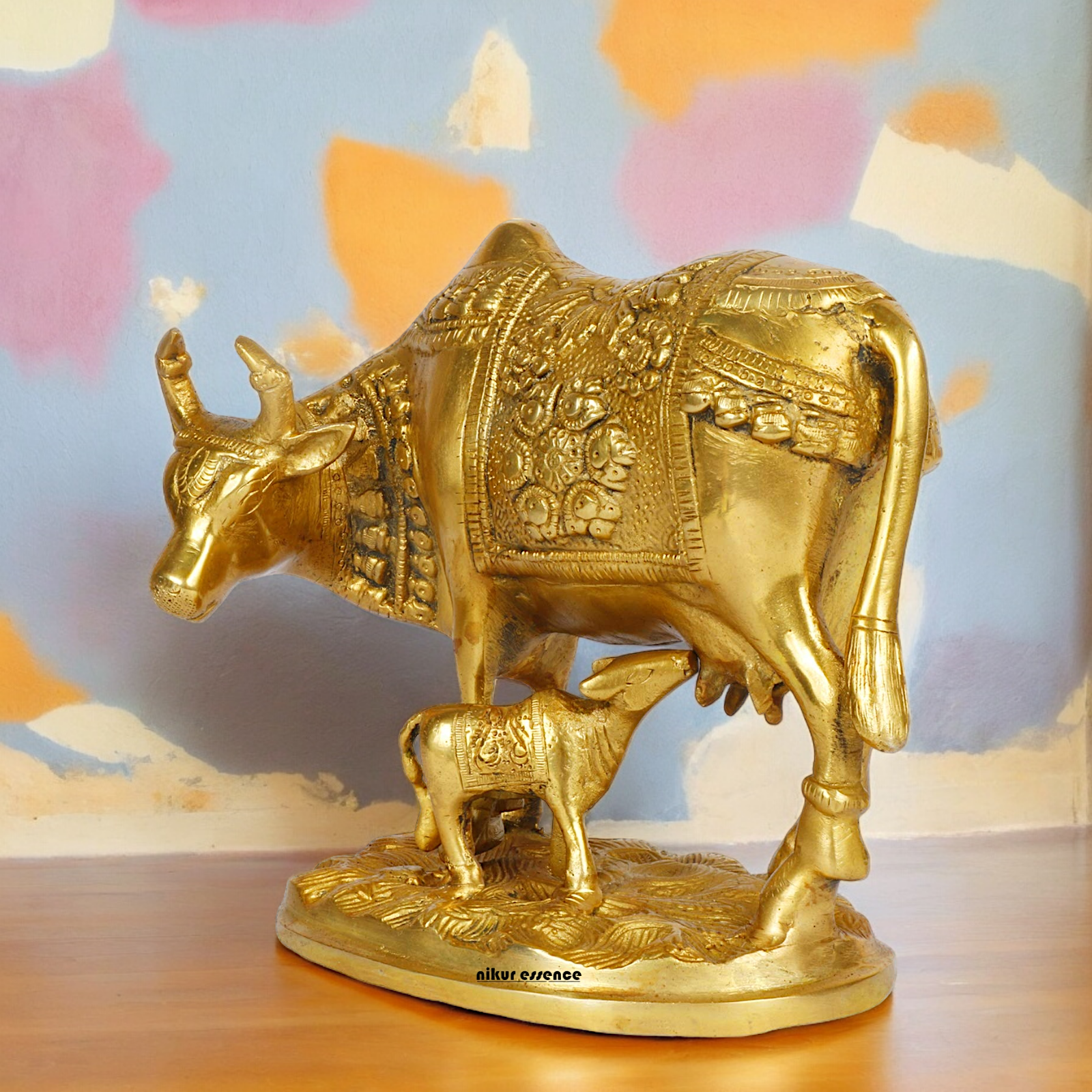 Solid Brass Cow with Calf Idol - 8 Inches