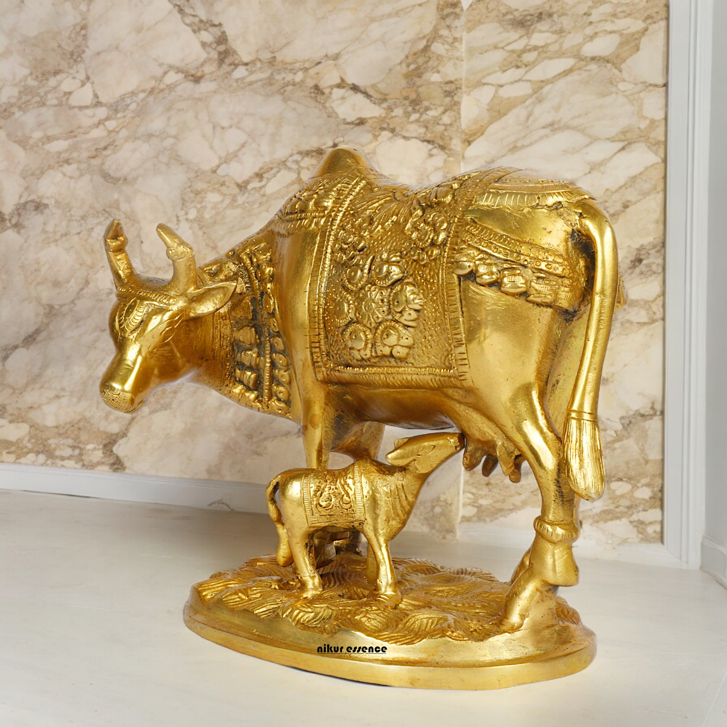 Solid Brass Cow with Calf Idol - 8 Inches