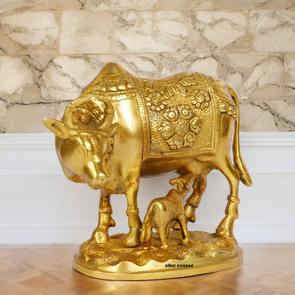 Solid Brass Cow with Calf Idol - 8 Inches