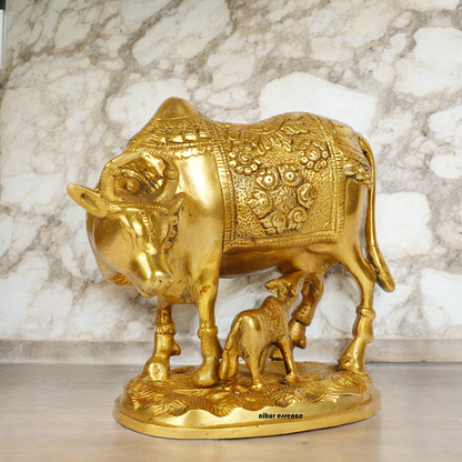 Solid Brass Cow with Calf Idol - 8 Inches